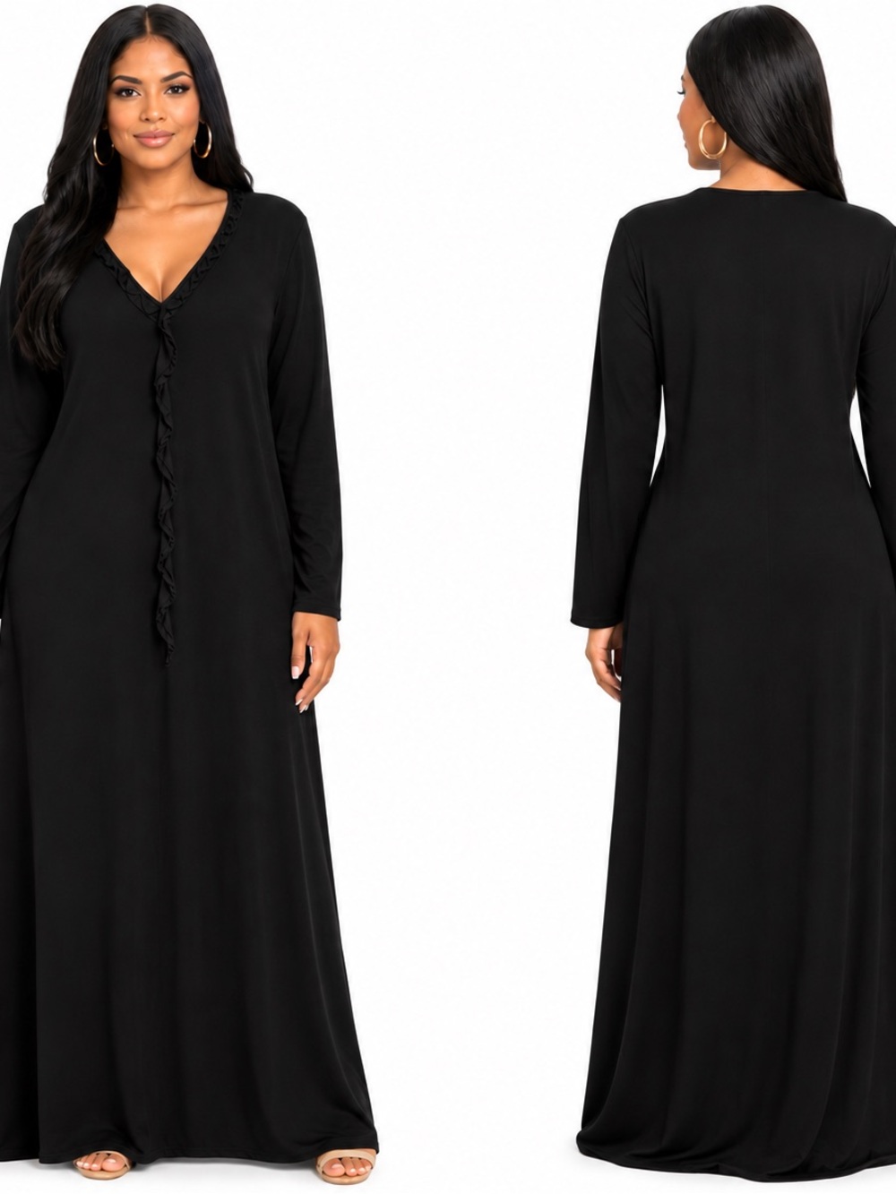 J. Jill Black V-Neck Maxi Dress with Ruffle Placket
